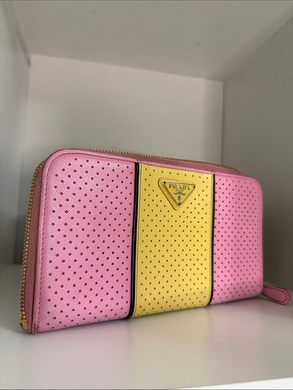 S Prada Pink and Yellow Perforated Leather Zip Wallet